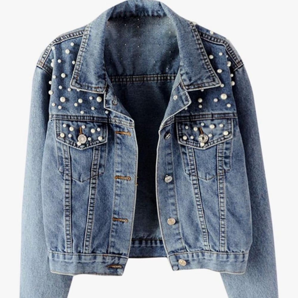 Women's XL Embroidered Pearl Denim Jean Jacket Coat - Picture 11 of 16